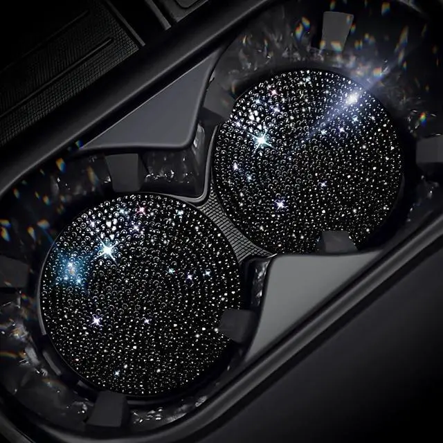 Main image of 2 PCS Universal Vehicle Bling Cup Holder Insert Coaster Car Interior Accessories,2.75 inch Silicone Anti Slip Crystal Rhinestone Car Coaster(Black)