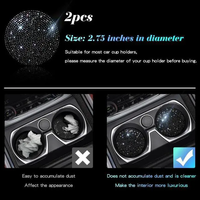Alt view image 2 of 6 - 2 PCS Universal Vehicle Bling Cup Holder Insert Coaster Car Interior Accessories,2.75 inch Silicone Anti Slip Crystal Rhinestone Car Coaster(Black)