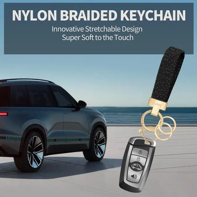 Alt view image 2 of 7 - Fishent Stretchy Car Keychain, Nylon Braided Cool Key Chain for Women Men, Universal Key Fob Holder with 3 Keyrings, Anti-Lost D-Ring, Car Accessories, Starry Night