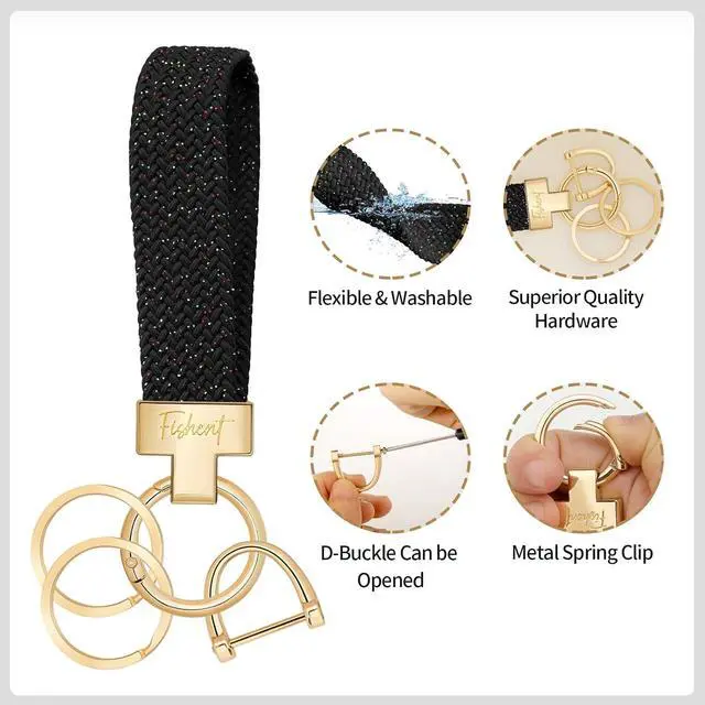 Alt view image 4 of 7 - Fishent Stretchy Car Keychain, Nylon Braided Cool Key Chain for Women Men, Universal Key Fob Holder with 3 Keyrings, Anti-Lost D-Ring, Car Accessories, Starry Night