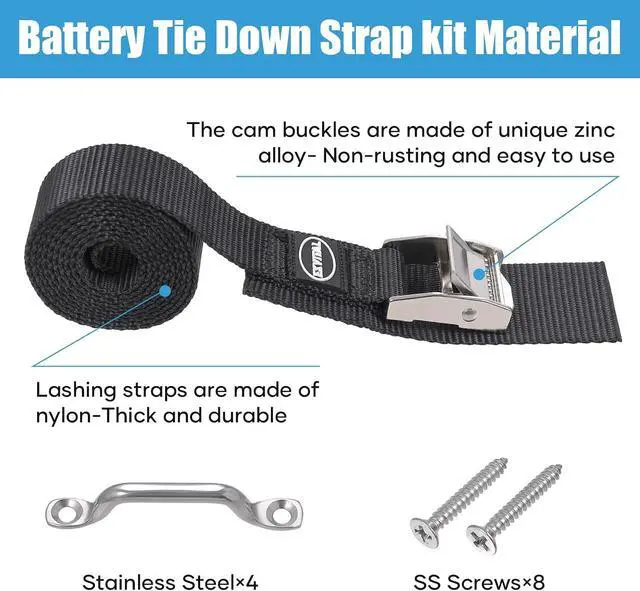 Alt view image 2 of 6 - EXVITAL Battery Tie Down Strap Hold Down Kit, 1" x 48" Cooler Tie Down Kit with Non-Rusting Cam Buckle, Stainless Steel Bracket & SS Screws for RV Battery,Luggage Belt (2 Pack)