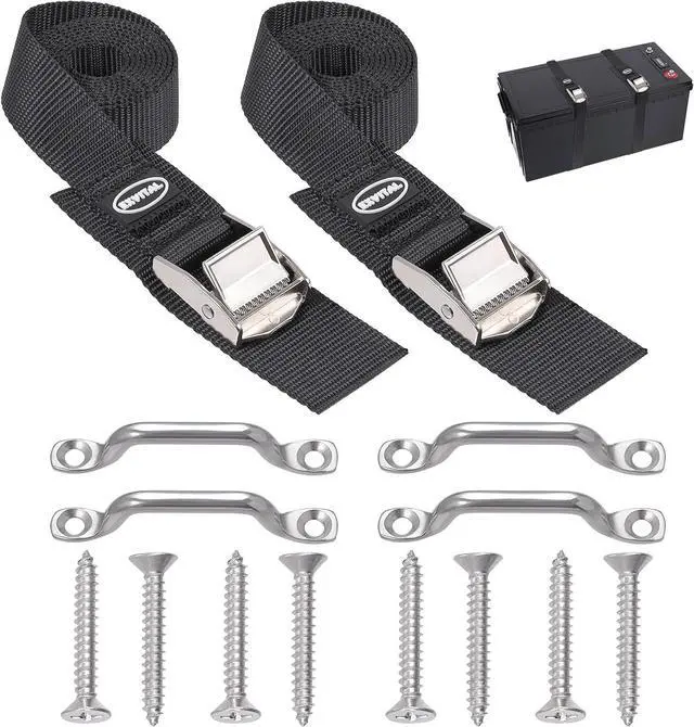 Main image of EXVITAL Battery Tie Down Strap Hold Down Kit, 1" x 48" Cooler Tie Down Kit with Non-Rusting Cam Buckle, Stainless Steel Bracket & SS Screws for RV Battery,Luggage Belt (2 Pack)