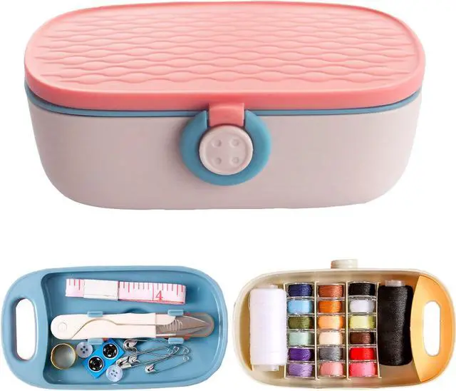 Main image of Missraza Sewing Kit, Portable Kit for Adults, Plastic Box Needle and Thread Accesories Supplies Pink 15.5x6cm(6.1x2.36in)