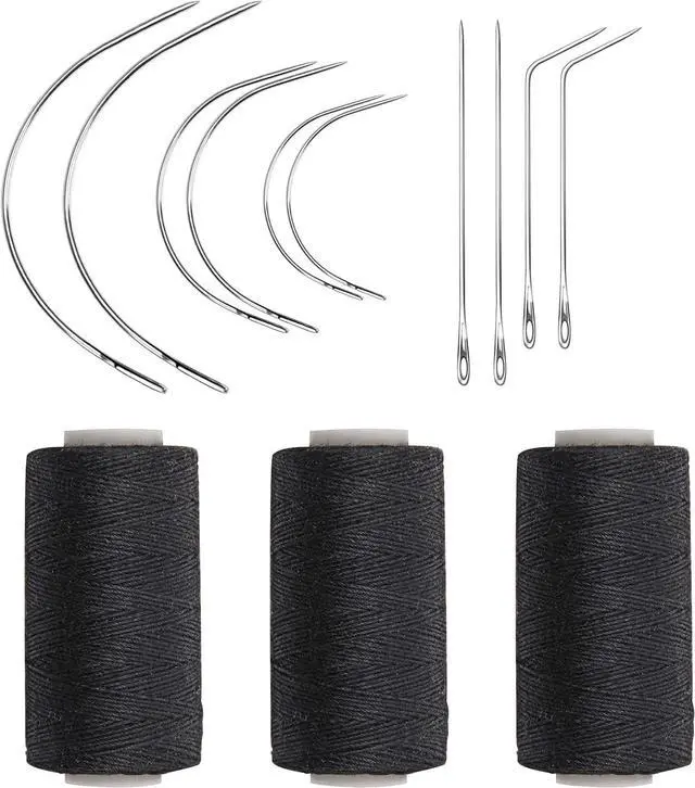 Main image of Ryalan Weaving Needle Combo Deal Black Thread with 10pcs Needle for Making Wig Sewing Hair Weft Hair Weave Extension, Big Medium and Small C J Shape Curved Needle I Needle (3 Thread Black + 10 Needle)