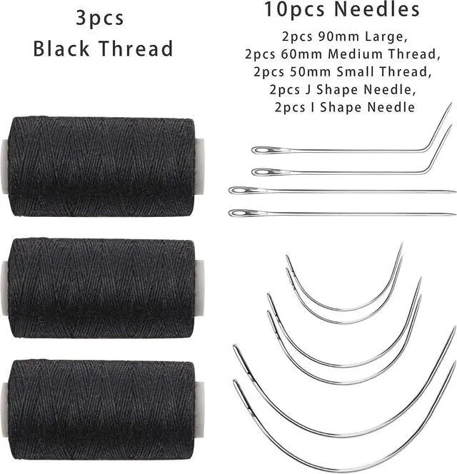 Alt view image 2 of 7 - Ryalan Weaving Needle Combo Deal Black Thread with 10pcs Needle for Making Wig Sewing Hair Weft Hair Weave Extension, Big Medium and Small C J Shape Curved Needle I Needle (3 Thread Black + 10 Needle)