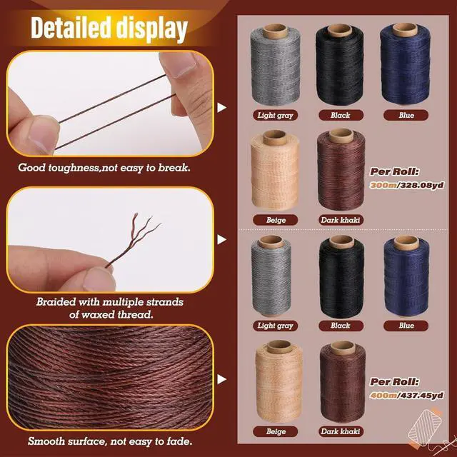 Alt view image 3 of 7 - Waxed Thread 328 Yards Round Waxed Thread for Leather Sewing | 1200D/0.8mm Waxed Thread for Leather Sewing, Bookbinding, Braiding, Shoe Repairing Car Sofa Repair Craft - Dark Khaki
