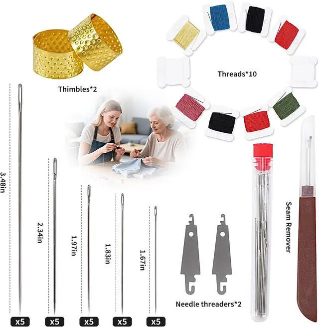 Alt view image 2 of 7 - RZHHTTQ 41 PCS Big Eye Steel Sewing Needle Kit for Hand Sewing | With seam ripper, needle threaders, threads & thimbles; for quilting, denim repair, embroidery, DIY crafts