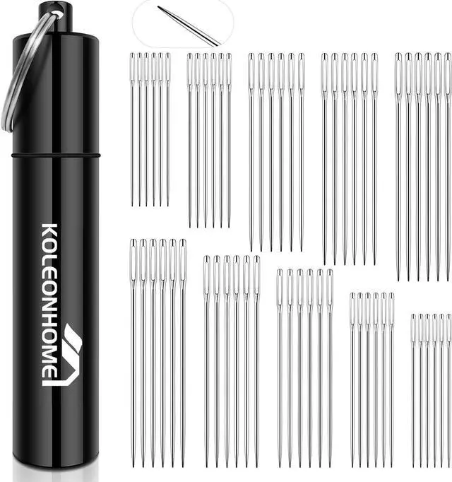 Main image of 60 Pcs Large Eye Hand Sewing Needles Set, 5 Sizes High-Carbon Steel Needles for Mending, Embroidery, Quilting, Crafts, Denim & Light Leather Repair, Nickel-Plated, Aluminum Storage Tube