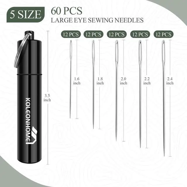 Alt view image 2 of 6 - 60 Pcs Large Eye Hand Sewing Needles Set, 5 Sizes High-Carbon Steel Needles for Mending, Embroidery, Quilting, Crafts, Denim & Light Leather Repair, Nickel-Plated, Aluminum Storage Tube