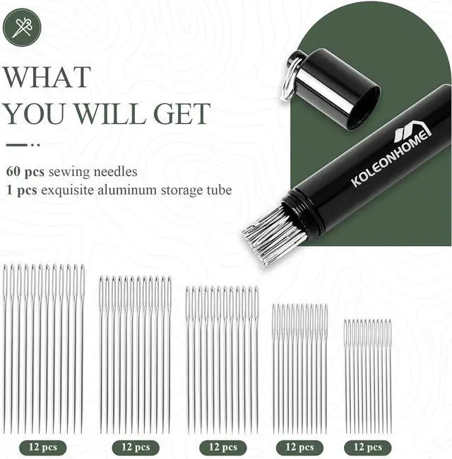 Alt view image 5 of 6 - 60 Pcs Large Eye Hand Sewing Needles Set, 5 Sizes High-Carbon Steel Needles for Mending, Embroidery, Quilting, Crafts, Denim & Light Leather Repair, Nickel-Plated, Aluminum Storage Tube
