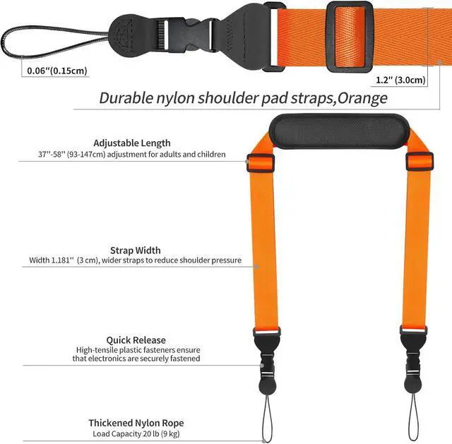 Alt view image 6 of 6 - FIEIL Universal Shoulder Strap, Neoprene Padded Bag Strap with Double Adjustable Buckles, Comfortable Neck Lanyard for Camera, Cellphone Tablet,iPad, Laptop, Binocular, Luggage Bag(Orange)