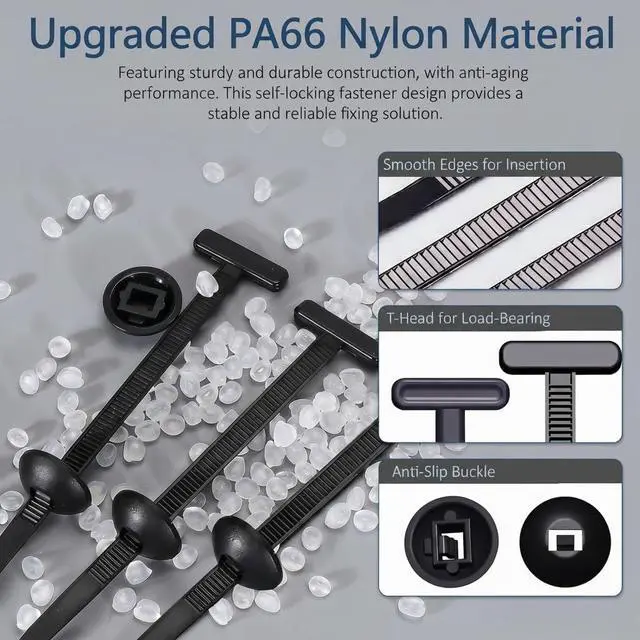 Alt view image 3 of 6 - 200PCS T-Head Cable Tie Buckle, PA66 Push Pin Clips for Car Repair | Self-locking Triple-Tooth, Anti-Aging & Tough. Heat and Impact Resistant. For Fender, Bumper, Trunk Liner. Bases Included
