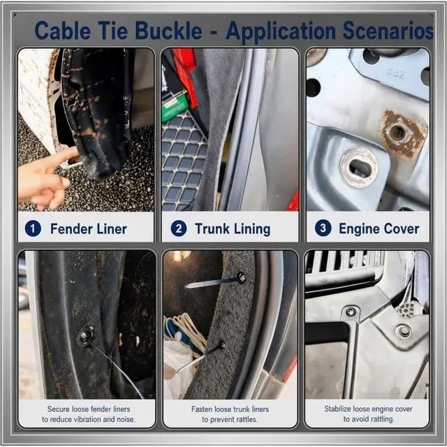 Alt view image 4 of 6 - 200PCS T-Head Cable Tie Buckle, PA66 Push Pin Clips for Car Repair | Self-locking Triple-Tooth, Anti-Aging & Tough. Heat and Impact Resistant. For Fender, Bumper, Trunk Liner. Bases Included