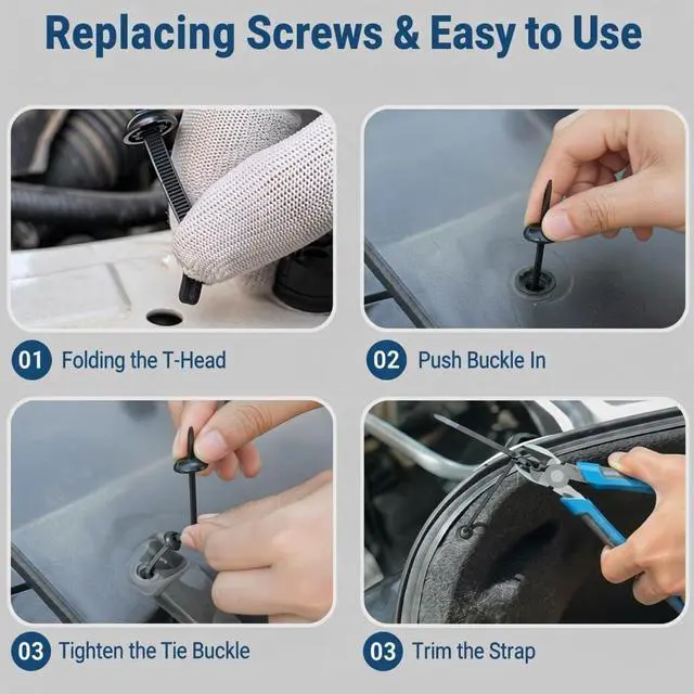 Alt view image 5 of 6 - 200PCS T-Head Cable Tie Buckle, PA66 Push Pin Clips for Car Repair | Self-locking Triple-Tooth, Anti-Aging & Tough. Heat and Impact Resistant. For Fender, Bumper, Trunk Liner. Bases Included