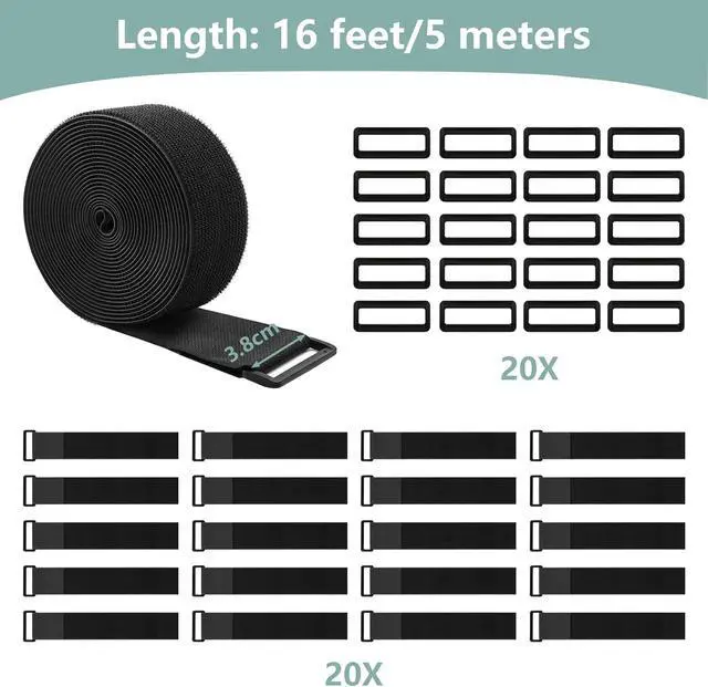 Alt view image 2 of 7 - 1.5In x 16Ft Cinch Straps Heavy Duty With 20 Buckles, Black Nylon Hook and Loop Straps, Reusable Long Cable Ties for Organizer or Storage