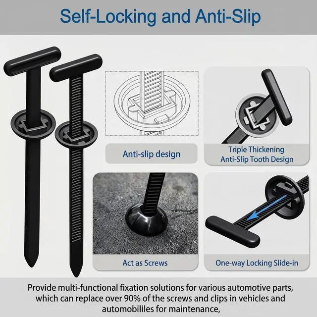 Alt view image 6 of 6 - 200PCS T-Head Cable Tie Buckle, PA66 Push Pin Clips for Car Repair | Self-locking Triple-Tooth, Anti-Aging & Tough. Heat and Impact Resistant. For Fender, Bumper, Trunk Liner. Bases Included
