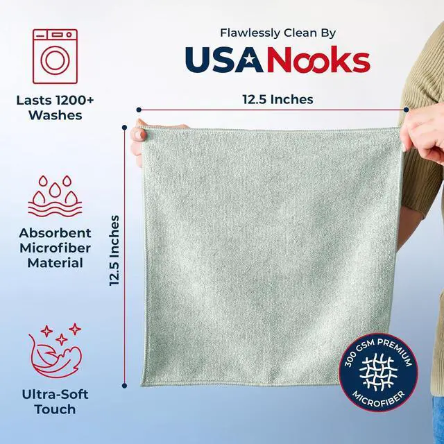 Alt view image 2 of 7 - USANOOKS Microfiber Cleaning Cloth - Sea Green - 12Pcs (12.5x12.5 inch) High Performance - 1200 Washes, Ultra Absorbent Car Towel Traps Grime & Liquid for Streak-Free Mirror Shine - car Washing Cloth