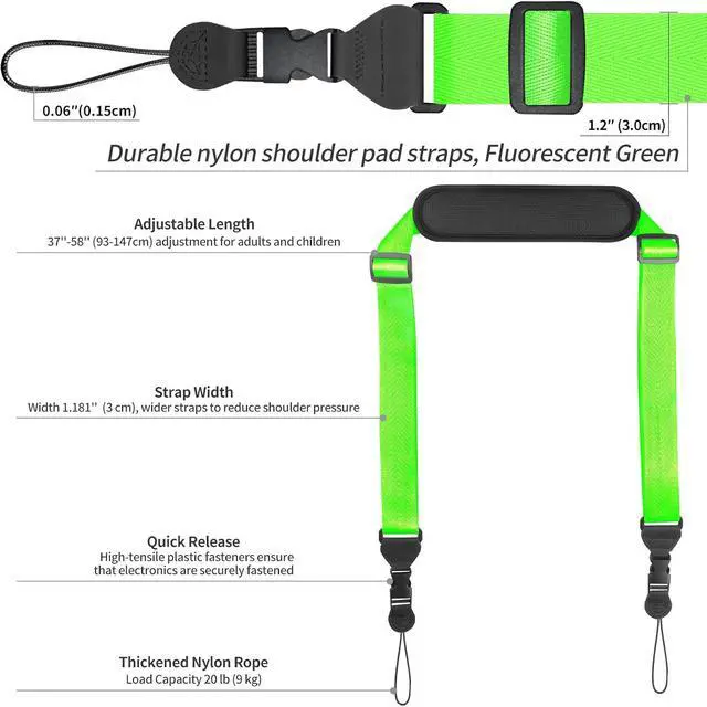 Alt view image 6 of 6 - FIEIL Universal Shoulder Strap, Neoprene Padded Bag Strap with Double Adjustable Buckles, Comfortable Neck Lanyard for Camera, Cellphone Tablet,iPad, Laptop, Binocular, Luggage Bag(Fluorescent Green)