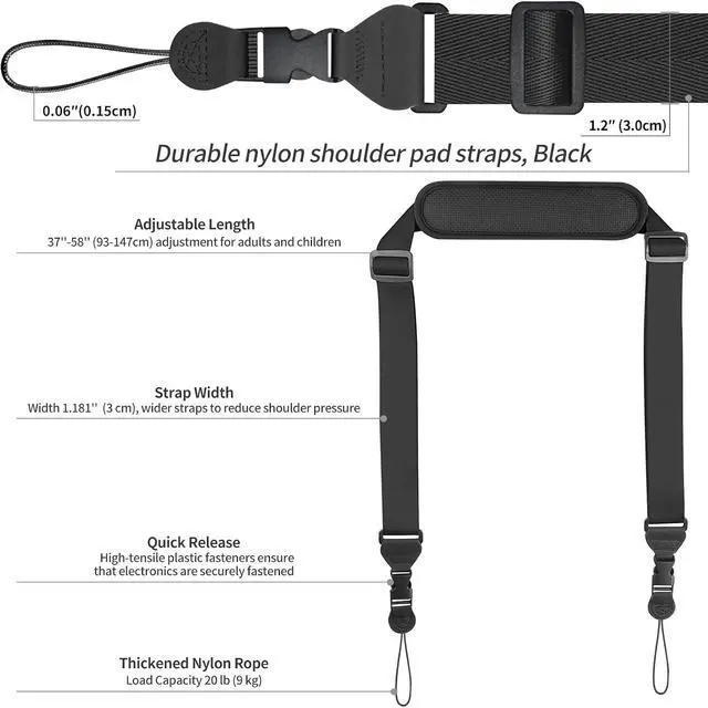 Alt view image 6 of 6 - FIEIL Universal Shoulder Strap, Neoprene Padded Bag Strap with Double Adjustable Buckles, Replacement Comfortable Neck Lanyard for Camera, Cellphone Tablet,iPad, Laptop, Binocular, Luggage Bag(Black)
