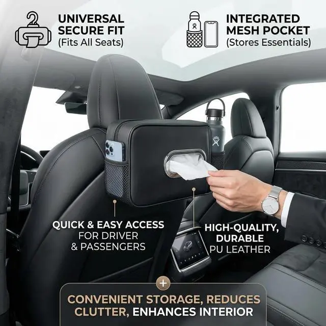 Alt view image 2 of 6 - Car Tissue Box Holder, PU Leather car Napkin Organizer with Pockets | Fits Full Tissue Box, Secure Easy Install, Dual Mesh Storage Pockets, Great Gift for Drivers