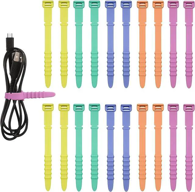 Main image of 20pcs Silicone Cable Ties, Cord Organizer Straps Reusable Zip Ties Elastic Cord Management for Headphones Phone Charging Wire USB Home Office Table Organization (Yellow, Green, Pink, Orange, Blue)