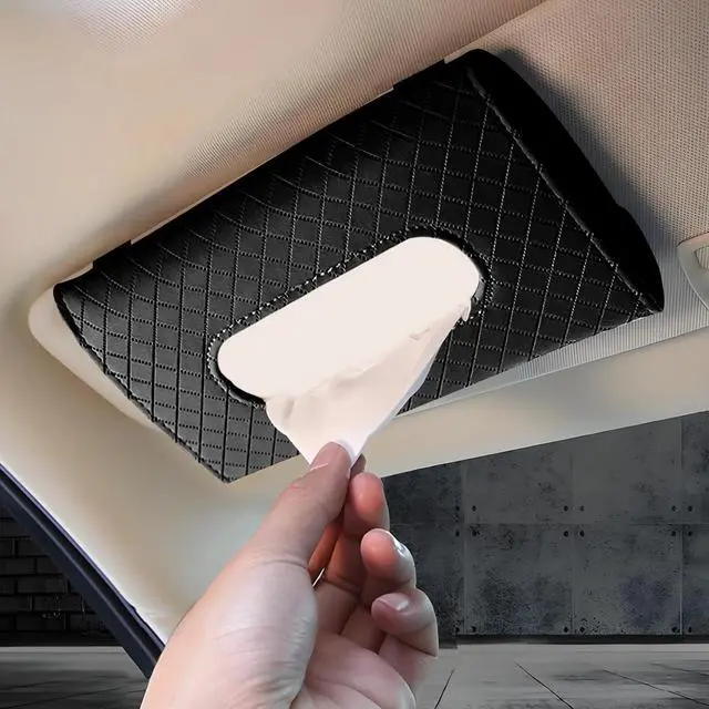 Main image of Car Tissue Holder, PU Leather Sun Visor Tissue Box (Plaid-Black) | Wear-Resistant & Waterproof, Napkin & Mask Dispenser, Metal Memory Clips, Easy Refill, Fits Most Vehicles
