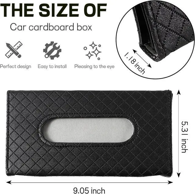 Alt view image 2 of 6 - Car Tissue Holder, PU Leather Sun Visor Tissue Box (Plaid-Black) | Wear-Resistant & Waterproof, Napkin & Mask Dispenser, Metal Memory Clips, Easy Refill, Fits Most Vehicles
