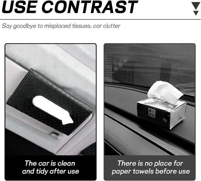 Alt view image 3 of 6 - Car Tissue Holder, PU Leather Sun Visor Tissue Box (Plaid-Black) | Wear-Resistant & Waterproof, Napkin & Mask Dispenser, Metal Memory Clips, Easy Refill, Fits Most Vehicles