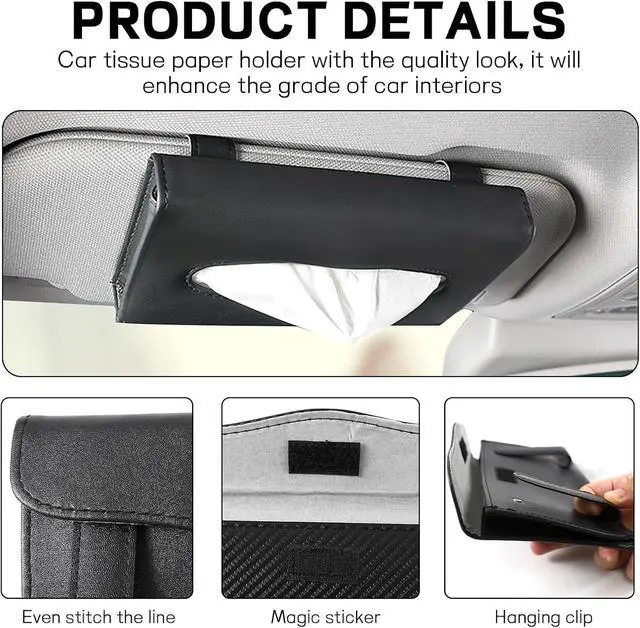 Alt view image 4 of 6 - Car Tissue Holder, PU Leather Sun Visor Tissue Box (Plaid-Black) | Wear-Resistant & Waterproof, Napkin & Mask Dispenser, Metal Memory Clips, Easy Refill, Fits Most Vehicles