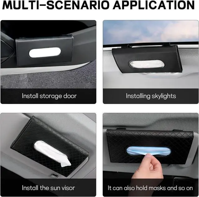 Alt view image 5 of 6 - Car Tissue Holder, PU Leather Sun Visor Tissue Box (Plaid-Black) | Wear-Resistant & Waterproof, Napkin & Mask Dispenser, Metal Memory Clips, Easy Refill, Fits Most Vehicles