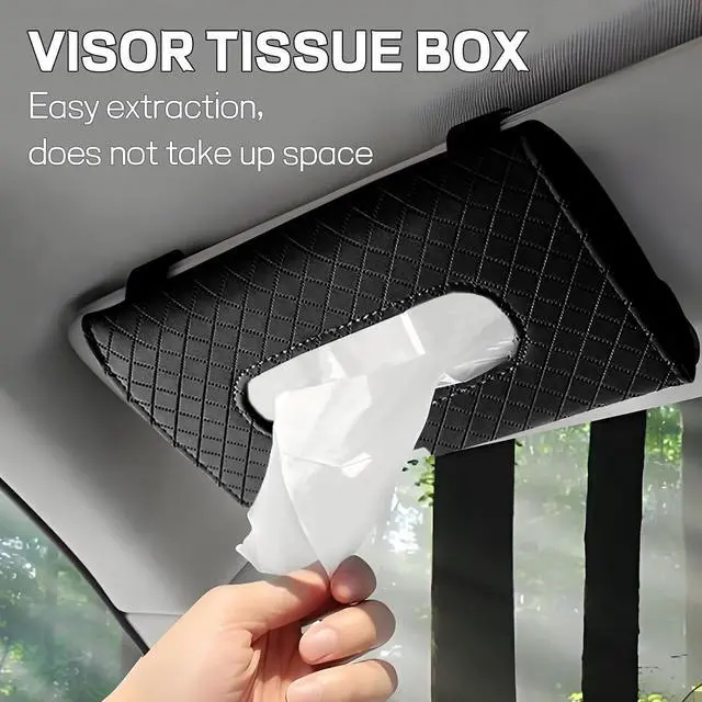 Alt view image 6 of 6 - Car Tissue Holder, PU Leather Sun Visor Tissue Box (Plaid-Black) | Wear-Resistant & Waterproof, Napkin & Mask Dispenser, Metal Memory Clips, Easy Refill, Fits Most Vehicles