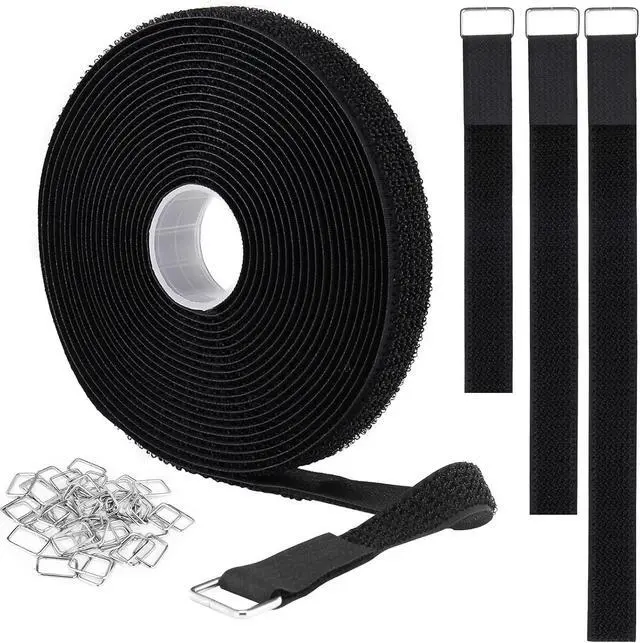 Main image of YMCRLUX 1"x16ft Hook and Loop Straps with 25 Metal Buckles, Adjustable Fastening Cable Straps, Cut-to-Length Cinch Strap, Reusable Nylon Securing Cord Ties for Organizer or Storage, 1 inch Wide, Black