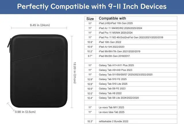 Alt view image 2 of 7 - Dadanism 9-11 Inch Tablet Sleeve Bag Carrying Case, Black | Fits iPad (A16) 11th Gen 11", iPad 10th Gen 10.9" Air 5/4, iPad Air M4/Pro 11", iPad 9/8/7th 10.2", Galaxy Tab A11+ Plus 11"