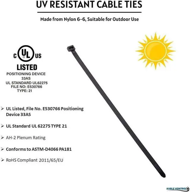 Alt view image 3 of 6 - Kable Kontrol Cable Zip Ties, 4 Inch, 100 Pcs, 18lbs Test, Black | Nylon Plastic, UV-Resistant, Self Locking, UL Listed, Indoor & Outdoor Use