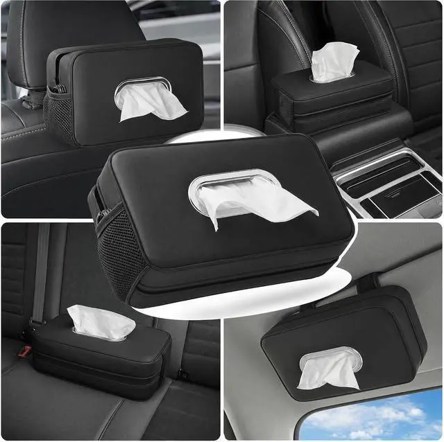 Alt view image 3 of 6 - Car Tissue Box Holder, PU Leather car Napkin Organizer with Pockets | Fits Full Tissue Box, Secure Easy Install, Dual Mesh Storage Pockets, Great Gift for Drivers