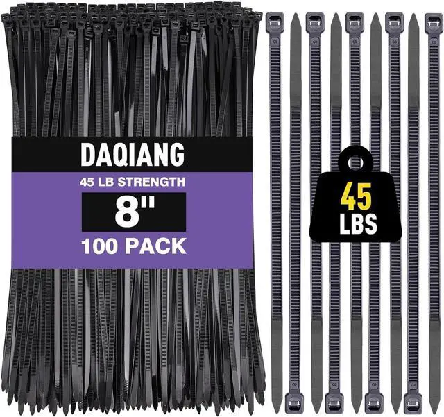 Main image of Black 8 Inch Zip Ties (100 Pack), 45LBS Tensile Strength, UV Resistant Nylon Cable Ties for Indoor & Outdoor Cable Management. Self-Locking Wire Ties.DAQIANG