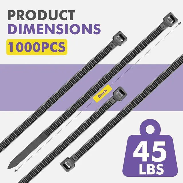 Alt view image 2 of 6 - Black 8 Inch Zip Ties (100 Pack), 45LBS Tensile Strength, UV Resistant Nylon Cable Ties for Indoor & Outdoor Cable Management. Self-Locking Wire Ties.DAQIANG