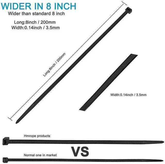 Alt view image 3 of 6 - HMROPE 100pcs Cable Zip Ties Heavy Duty 8 Inch, Premium Plastic Wire Ties with 50 Pounds Tensile Strength, Self-Locking Black Nylon Tie Wraps for Indoor and Outdoor