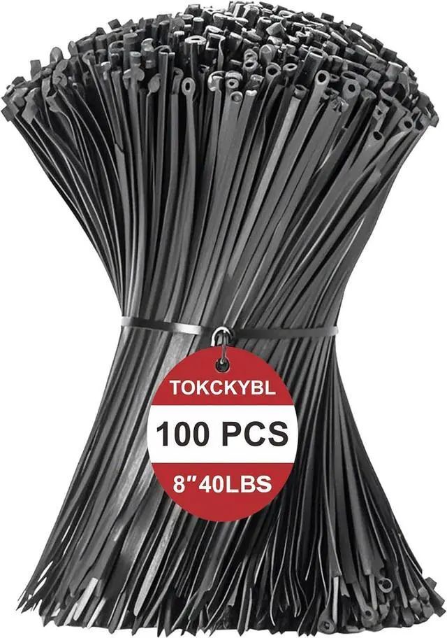 Main image of 8 Inch Zip Ties (100 Pack) Heavy Duty 40lbs Tensile Strength, UV Resistant Black Cable Ties for Indoor & Outdoor Use, Durable Nylon Wire Ties for Organizing Cables, Garden, Garage, and More