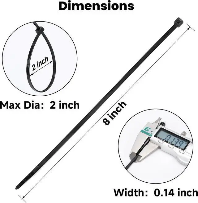 Alt view image 3 of 7 - 8 Inch Zip Ties (100 Pack) Heavy Duty 40lbs Tensile Strength, UV Resistant Black Cable Ties for Indoor & Outdoor Use, Durable Nylon Wire Ties for Organizing Cables, Garden, Garage, and More