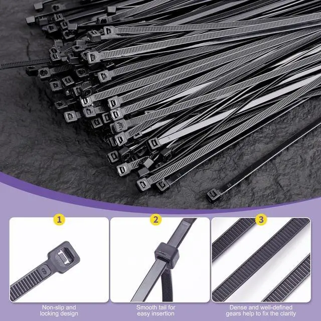Alt view image 5 of 6 - Black 8 Inch Zip Ties (100 Pack), 45LBS Tensile Strength, UV Resistant Nylon Cable Ties for Indoor & Outdoor Cable Management. Self-Locking Wire Ties.DAQIANG