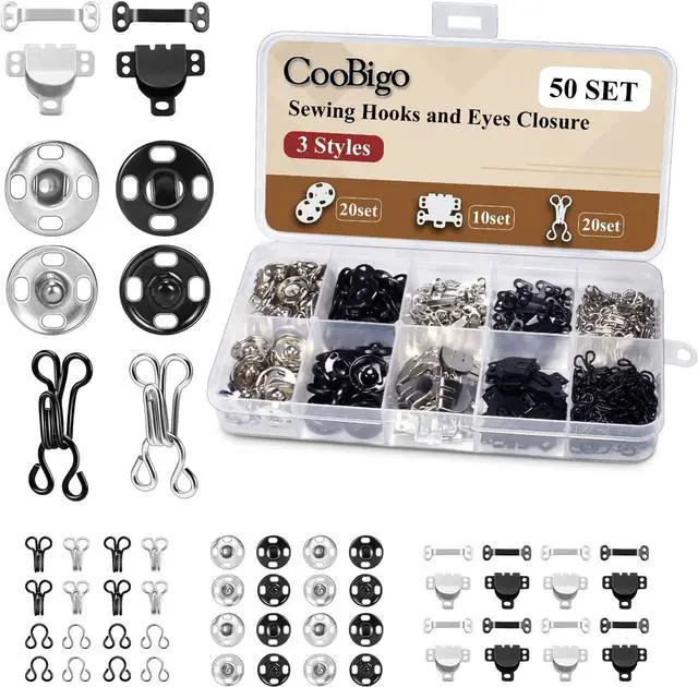 Main image of Hook and Eye Sewing Set Snap Button Kit with Bra Hooks & Skirt Hooks and Eyes Latches for Different Options for Sewing Closures,3 Styles Sewing Fasteners for Clothing