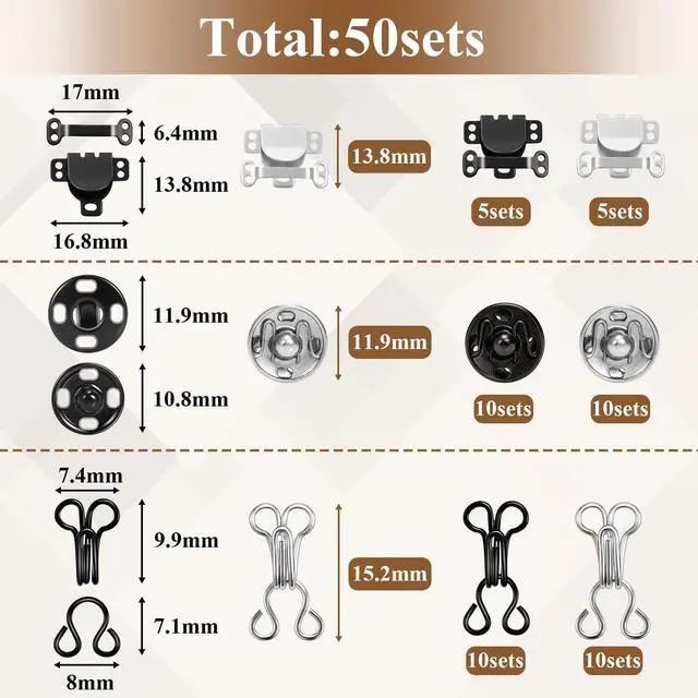 Alt view image 2 of 6 - Hook and Eye Sewing Set Snap Button Kit with Bra Hooks & Skirt Hooks and Eyes Latches for Different Options for Sewing Closures,3 Styles Sewing Fasteners for Clothing