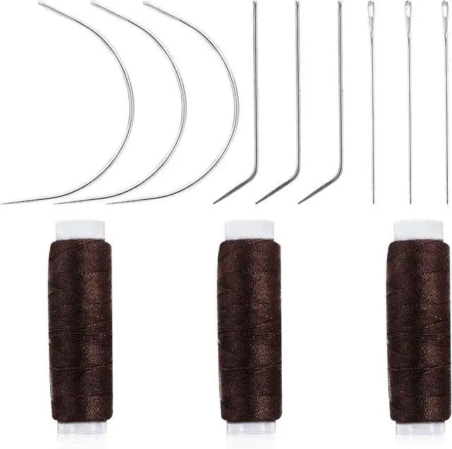 Main image of Hair Needle and Thread Set 12 Pcs Sewing Hair Extension Tools Curved Needle Brown Weaving Threads for Making Wig, Sew in Needles and Thread(Brown)