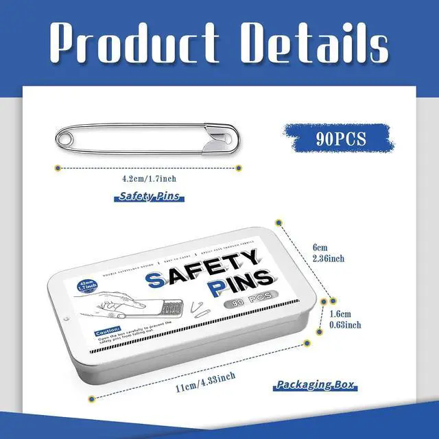 Alt view image 2 of 7 - Jmuiiu 1.7 Inch/90Pcs Safety Pins, Durable Clothes Pins | Metal Box Packaging Safety Pins for Clothes Sewing, Arts Craft