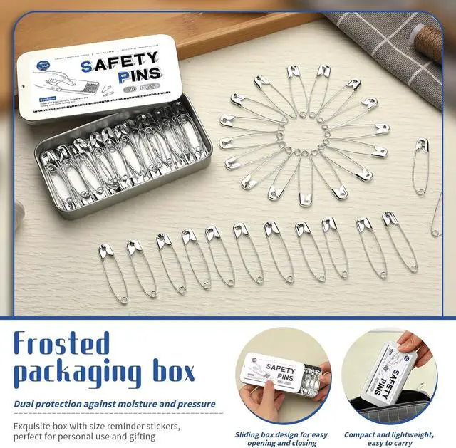Alt view image 4 of 7 - Jmuiiu 1.7 Inch/90Pcs Safety Pins, Durable Clothes Pins | Metal Box Packaging Safety Pins for Clothes Sewing, Arts Craft