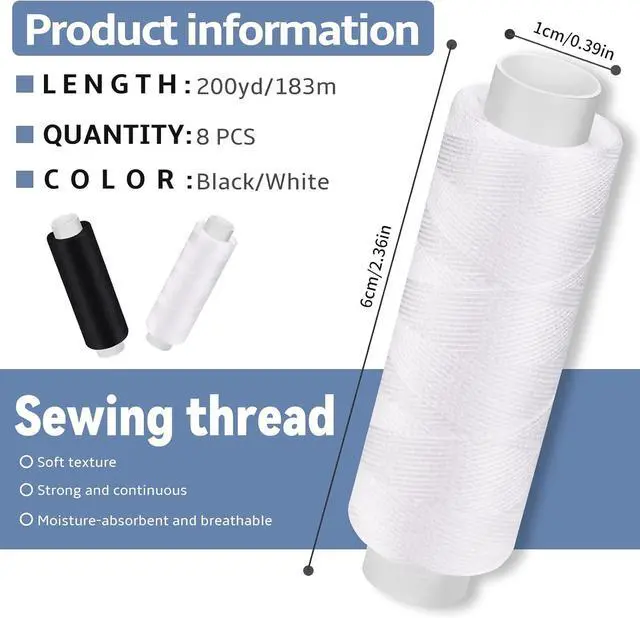 Alt view image 2 of 7 - Bupete 8 Rolls Sewing Thread 200 Yards Each Roll Thread for Sewing Machine | Polyester Threads, White Blaack Sewing Threads for Sewing Machine, Embroidery, Hand Stitching