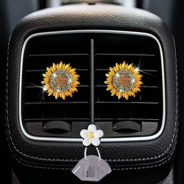 Alt view image 2 of 7 - Bling Sunflower Air Vent Clips, 2 Pcs Golden Sunflower Car Air Fresheners Vent Clips Car Diffuser Diamond Decoration Interior Decor Cute Accessories for Women Girls + Mask Hook