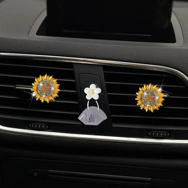 Alt view image 3 of 7 - Bling Sunflower Air Vent Clips, 2 Pcs Golden Sunflower Car Air Fresheners Vent Clips Car Diffuser Diamond Decoration Interior Decor Cute Accessories for Women Girls + Mask Hook