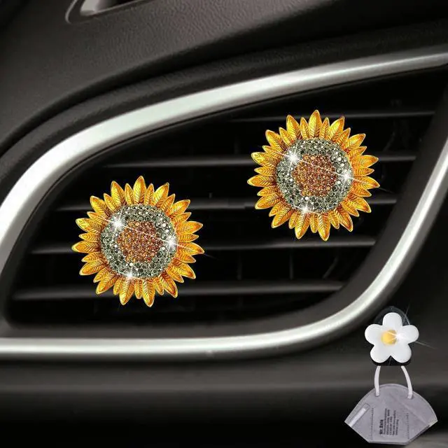 Alt view image 6 of 7 - Bling Sunflower Air Vent Clips, 2 Pcs Golden Sunflower Car Air Fresheners Vent Clips Car Diffuser Diamond Decoration Interior Decor Cute Accessories for Women Girls + Mask Hook